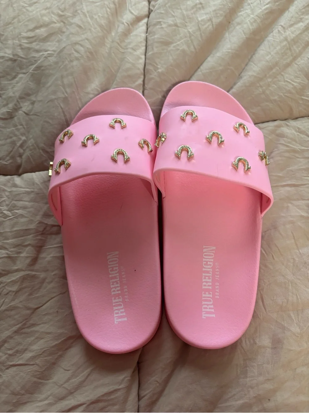 True Religion Pink Slide Sandals with Gold Horseshoe Studs